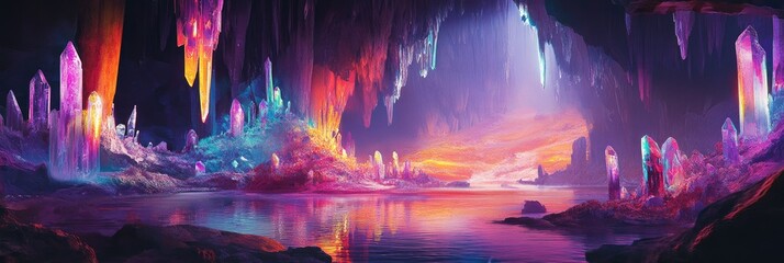 Obraz premium Bold, surreal cave interior with multicolored crystals, fluorescent moss, and glowing reflections on an otherworldly lake