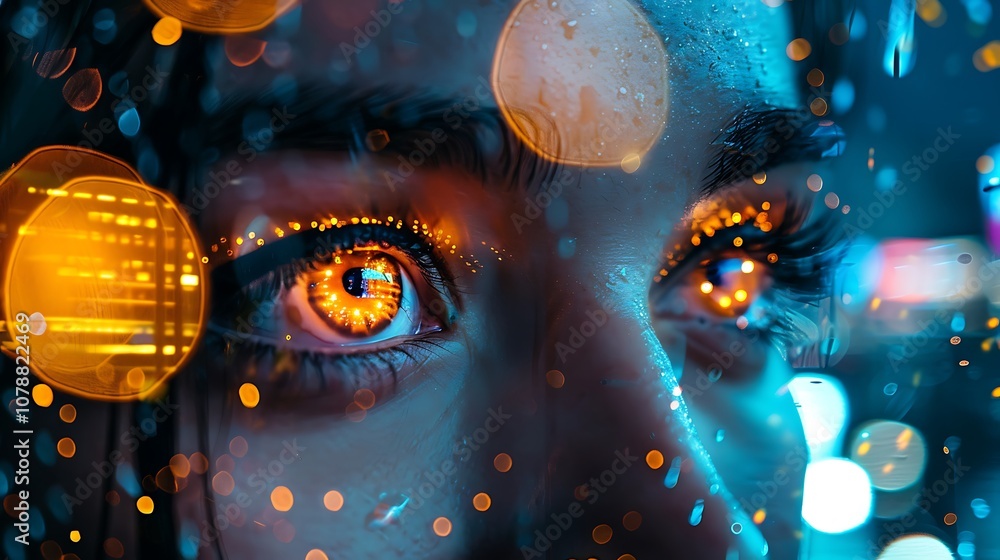Poster close-up of eyes reflecting neon signs and city lights, hinting at hidden emotions and curiosity, wi