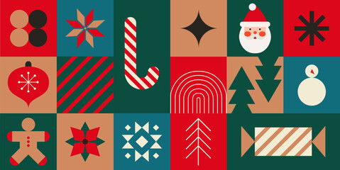 Advent Calendar, Merry Christmas poster, printable template with Xmas elements in modern minimalist style. Vector illustration and concept design.Holiday season, Trendy, contemporary abstract design. 