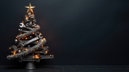 Christmas tree made of wrenches decorated with balls on a black background. New Year banner with tools. Postcard with place for greeting text for happy new year with industrial holiday concept.