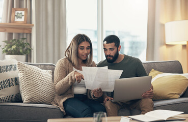 Home, couple and reading document on sofa for house insurance and investment options. Apartment,...