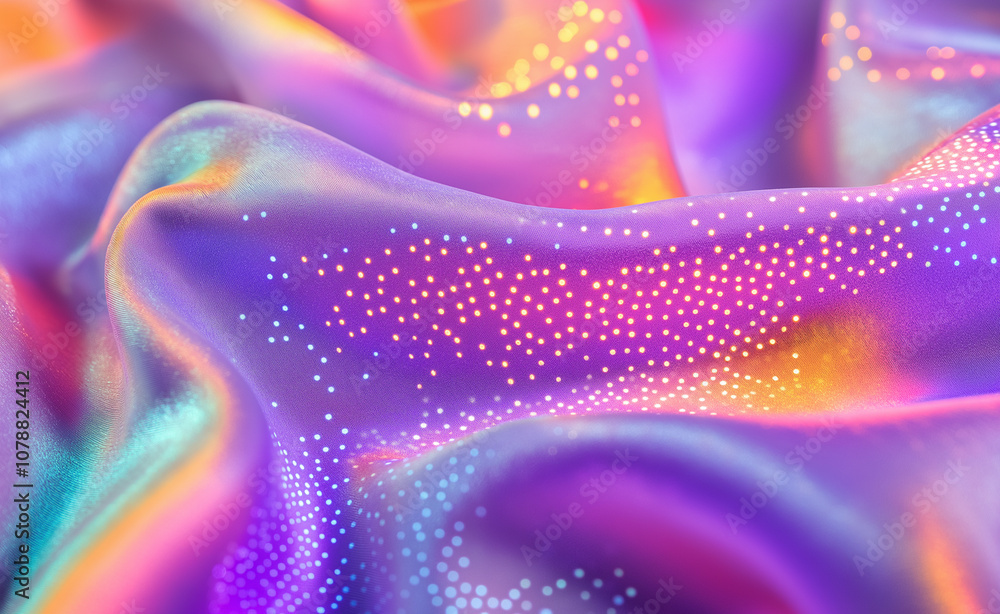 Poster close-up of vibrant, iridescent fabric with colorful waves and digital dot patterns, evoking a futur