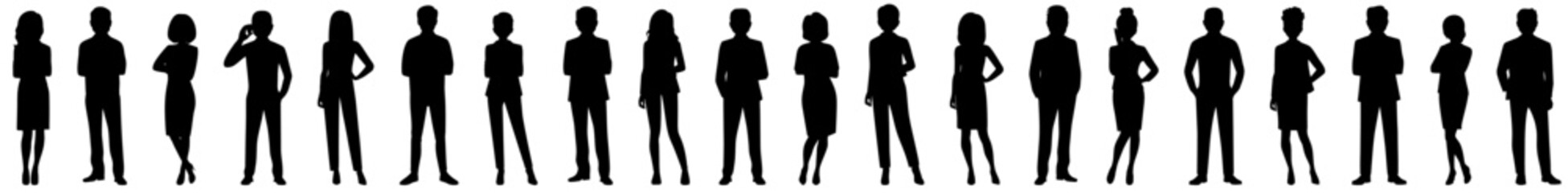 Vector illustration silhouette of group of business people standing. Diverse business people standing, men and women full length. Vector illustration isolated on white background.