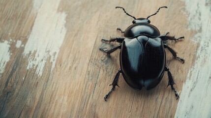 Black Beetle on Wooden Surface