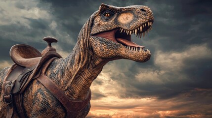 A fierce dinosaur wearing a saddle against a dramatic sky, showcasing a blend of prehistoric majesty and whimsical imagination.
