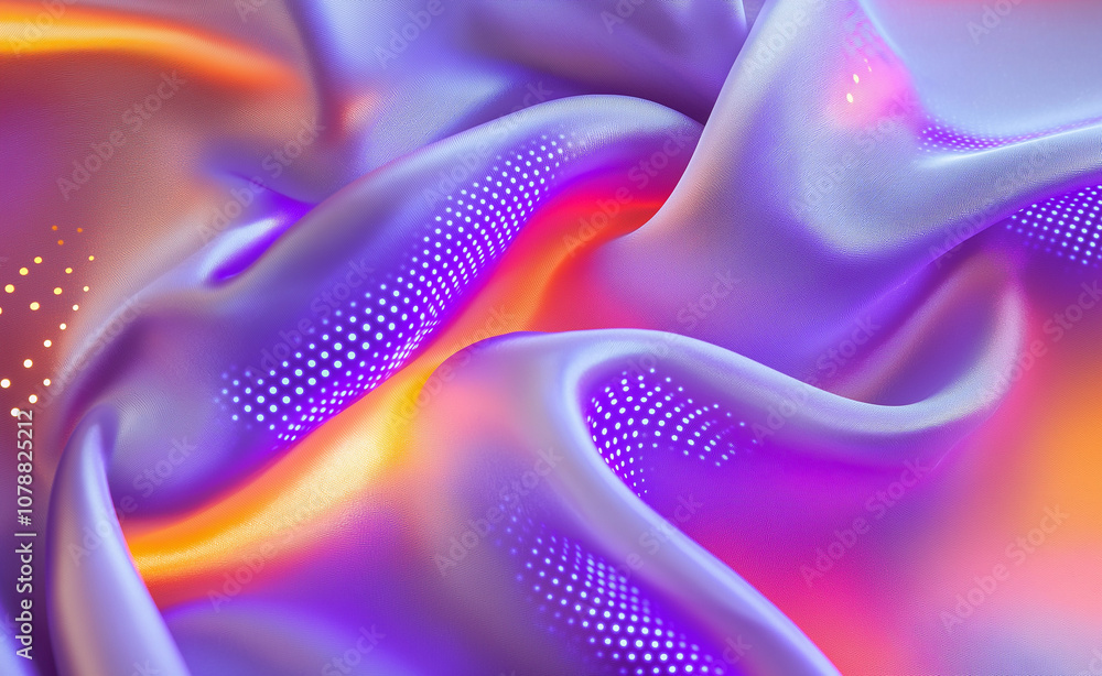 Poster close-up of vibrant, iridescent fabric with colorful waves and digital dot patterns, evoking a futur