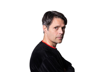 Fototapeta premium Middle-aged man in casual clothes on white background, looking at the camera.