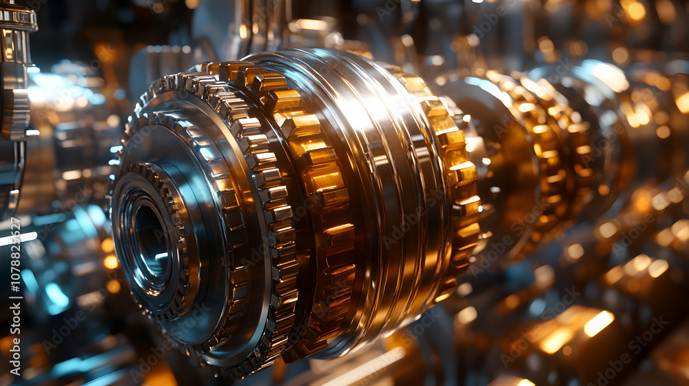 Poster close-up of shiny metallic gears interlocking and rotating in a complex machine, demonstrating preci