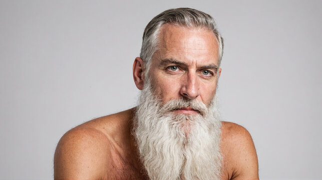 A man with a long, white beard stares intensely at the camera
