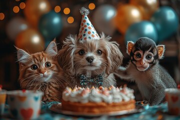 Fototapeta premium Happy Birthday funny kitten and dog celebrating with cake surrounded by balloons and colorful decorations for joyful display