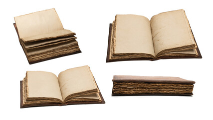 An open empty old notebook isolated on a white background.