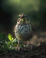 Obraz premium A small bird with brown and white feathers holds a mouthful of green grass in its beak, standing on the forest floor.