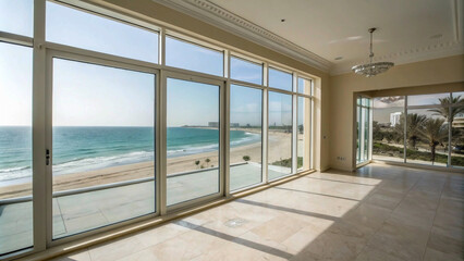 Fototapeta premium Modern elegance meets coastal serenity in this sunlit room with sweeping seaside vistas.”
