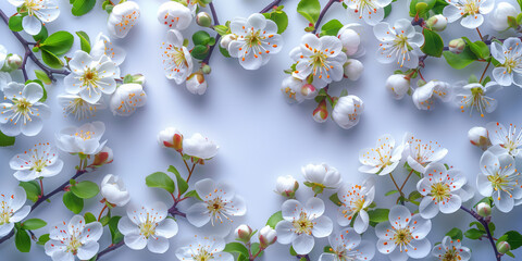 Spring frame blue backdrop with white blossoms. Valentine's Day, Mother's Day, or Happy Birthday greeting cards. Festive and celebratory designs.