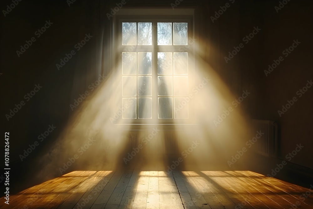 Poster sunlight streams through a dusty window in a dimly lit room