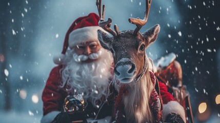 Naklejka premium A reindeer is sitting on Santa's sleigh