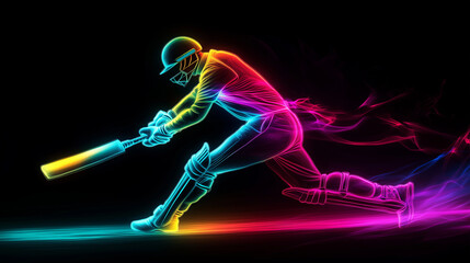 A dynamic neon illustration of a cricket player in motion, wielding a bat with vibrant pink and blue light trails, symbolizing energy, speed, and the thrill of the game