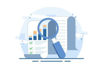 accounting analytics concept with graphs, audit research on computer, flat cartoon, big paper financial report data analysis on pc and magnifying glass, digital document success check.