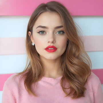 A pretty girl with brown flowy hair and very red lips