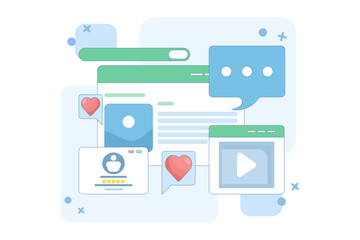 Concept of reading website content based on audience, Content ranking, Content marketing in search engines, Social media content with likes, shares and comments. Vector illustration background.