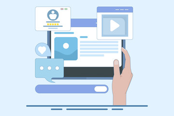 Concept of reading website content based on audience, Content ranking, Content marketing in search engines, Social media content with likes, shares and comments. Vector illustration background.