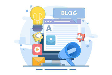 Concept Blogging, education, creative writing, content management, article writing, news, copywriting, seminar, tutorial, workshop. Flat vector illustration design for mobile and web graphics.