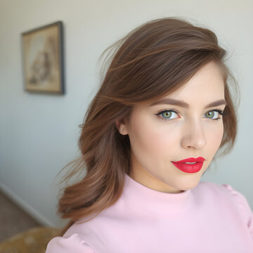 Una linda mujer muy blanca, mira de perfil con labios rojos