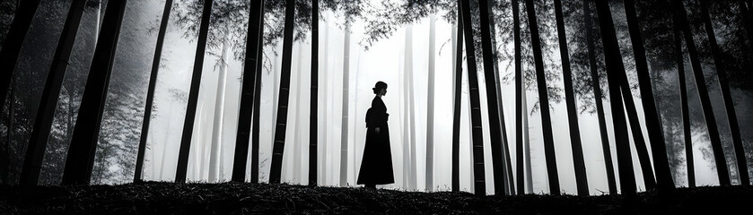 Silhouette of a Woman Standing in a Foggy Bamboo Forest, Creating a Serene and Mysterious Atmosphere