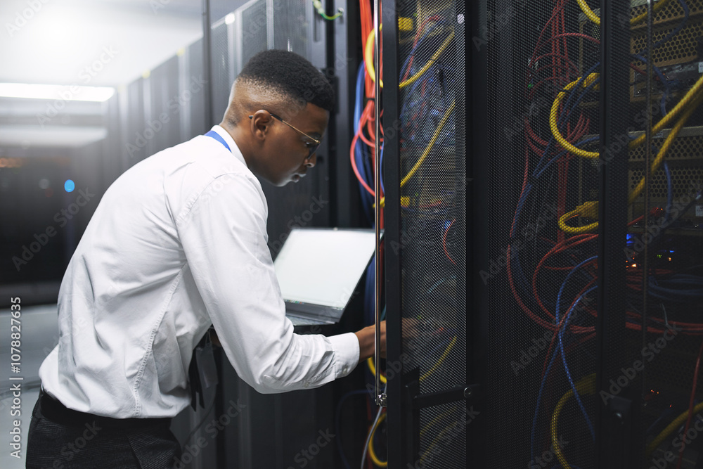 Poster Man, technician and server room with laptop screen for network repair or hardware fault at data center. Male person, IT engineer or computer for technical issue, internet service or system backup