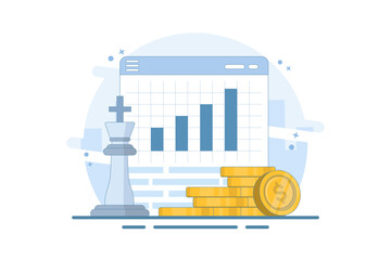 Digital financial growth concept, Online financial system management with chess king piece, tablet, gold coins on isolated background, digital marketing. Flat vector illustration on background.