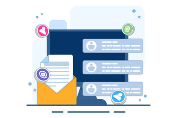 Email marketing concept, Online business strategy, Advertising, Email newsletter, sending messages, marketing materials for landing pages, web banners, social media, infographics. Vector illustration.
