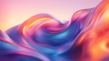Abstract 3D Rendering of Wavy, Shiny, Metallic Surface with Vibrant Gradient Colors of Pink, Blue, and Orange