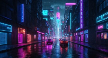 Cyberpunk neon streets neon lights rain futuristic city vibrant urban