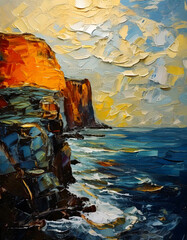 Boho hand drawn poster of mountains and cliffs by the seashore in impasto oil style.