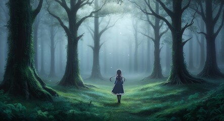 Fototapeta premium Mystical anime forest fog soft lighting magical trees peaceful atmosphere