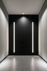 Modern hallway, featuring sleek lighting fixtures, minimalistic design, emphasizing clean lines, copy space