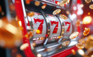 Slot machine showing a winning combination of triple sevens, surrounded by flying golden coins in a casino setting.

