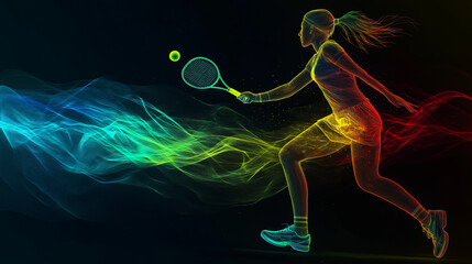 Dynamic neon illustration of a tennis player taking a swing on a dark background. Fluorescent pink and blue lines create a dynamic, futuristic atmosphere, emphasizing movement and athleticism