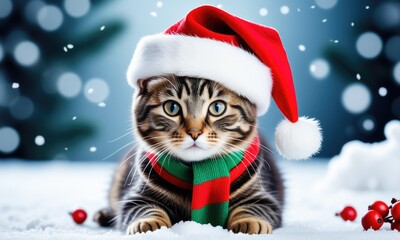 Adorable tabby cat in santa hat and scarf enjoying festive winter wonderland