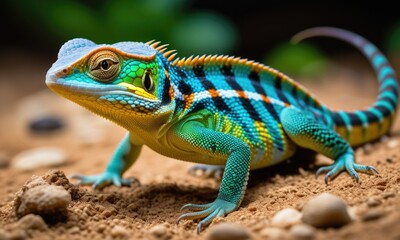 Fototapeta premium Vibrant blue and green striped lizard on sandy terrain