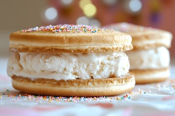 A close-up of ice cream sandwiches with colorful sprinkles on top.