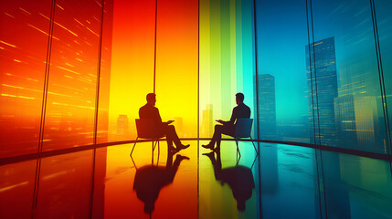 Naklejka premium Silhouettes of Two Businessmen Sitting in Chairs Facing Each Other in a Modern Office with a View of a City Skyline Through Large Windows with a Colorful Gradient Background