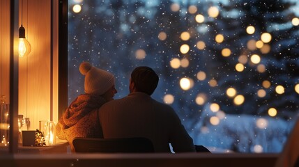 A couple enjoys a cozy evening inside, watching the snow fall and the lights twinkle outside