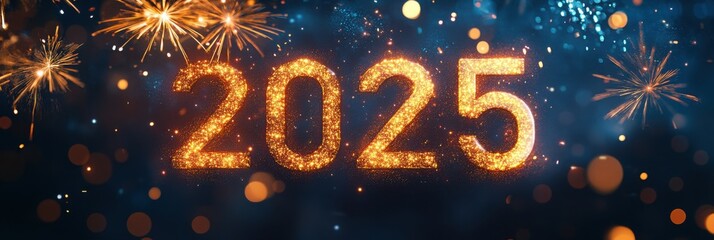 Side view of "2025" in glowing digital font, with fireworks lighting up a golden bokeh background.