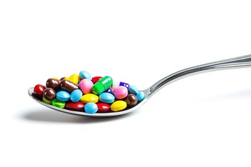 Spoon with pills isolated on white background
