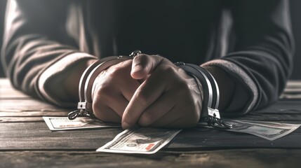 Fototapeta premium Dirty hands in handcuffs, with money, International Anti-Corruption Day. Poster on the topic of corruption and crimes related to theft