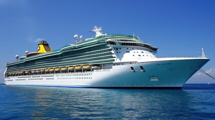 A large cruise ship anchored in clear blue waters.