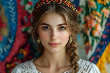 Obraz premium Young woman in traditional attire with vibrant embroidery background