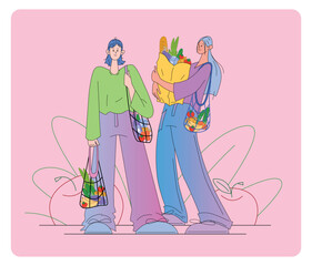 flat vector illustration of Two Female Characters grocery shopping isolated. Women holding Eco Bags with Groceries and Vegetables wearing Casual Colorful Clothes with Friendly Expressions. Modern Styl