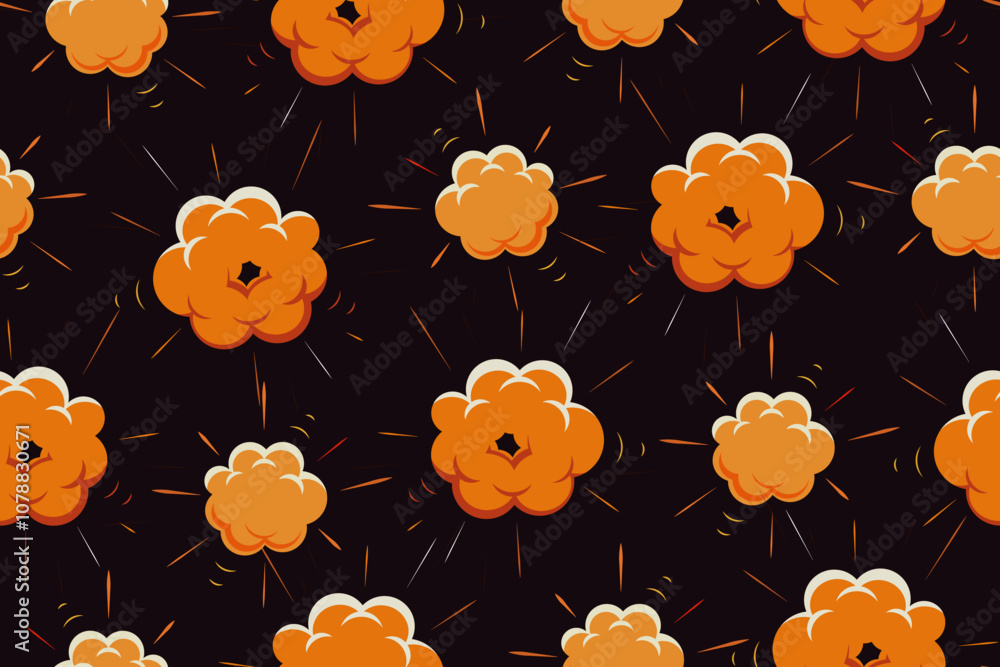 Poster seamless explosion and burst pattern. booms and bangs, fire clouds and glowing flames, repeating pri